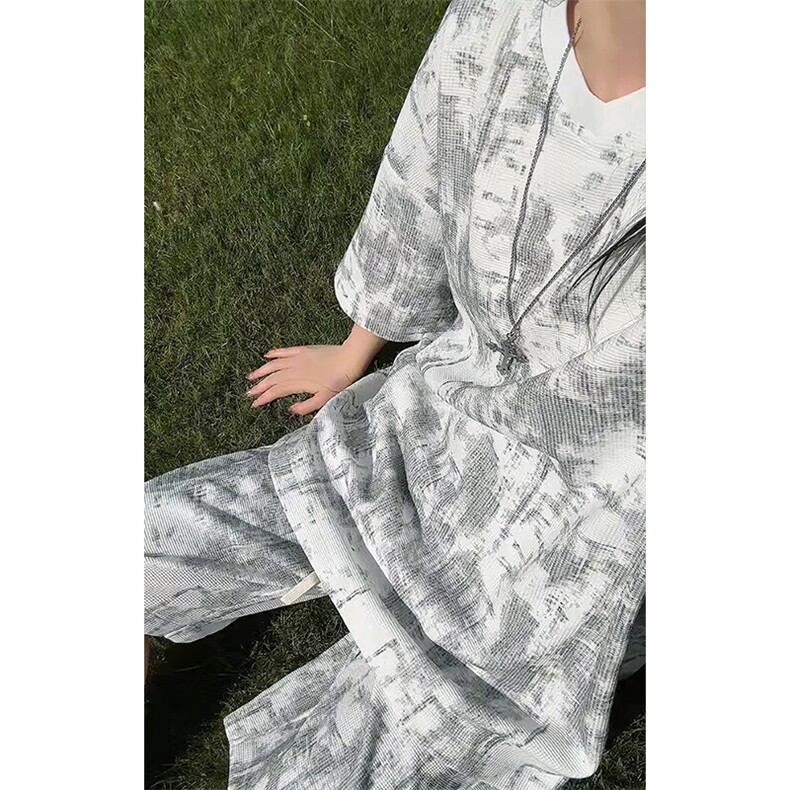 特批P45无差价夏季百搭痞帅扎染V领宽松时尚短袖短裤套装男TZ5365，男装休闲套装，电商A001-1