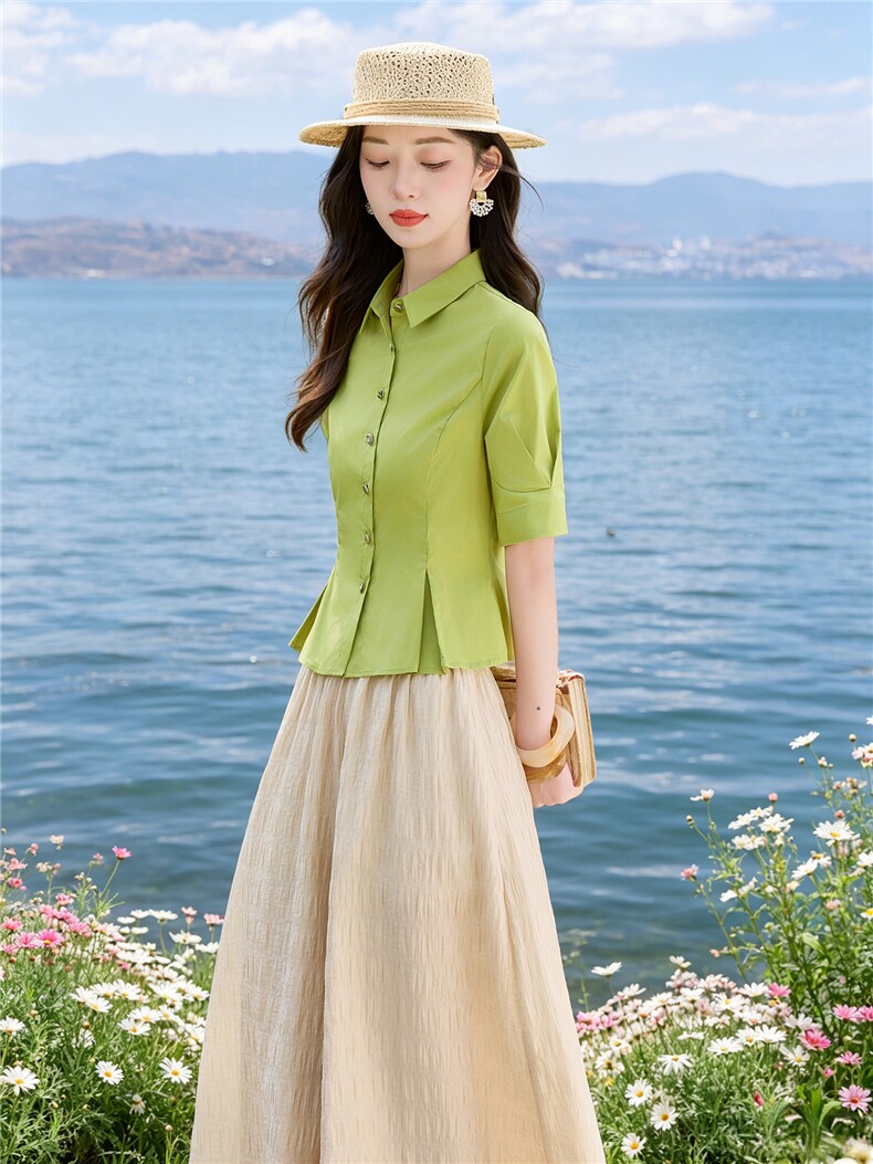 纯色短袖收腰版上衣裙裤时尚搭配洋气职场风套装女,女装套装/套裙,水衣源