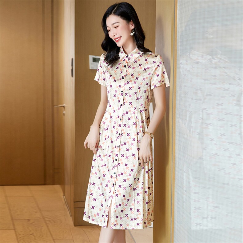 杭州重磅真丝桑蚕丝连衣裙女高端大牌2025新款夏季碎花妈妈衬衫裙,女装连衣裙,阿舍尔精品