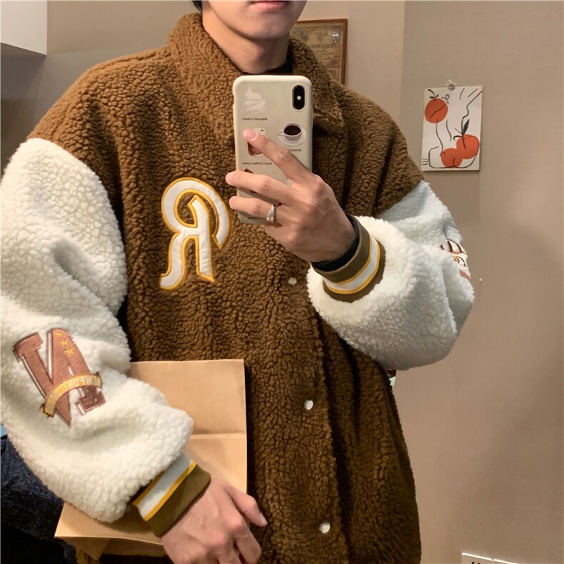 特P75秋冬羊羔毛毛巾绣保暖外套男冬季港风宽松拼接YG256,男装棉衣,电商B370