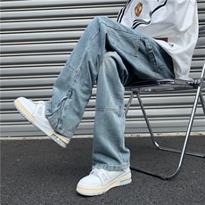 日系复古潮牌直筒阔腿裤2024春季新款裤脚拉链牛仔裤男K7629-P43，男装牛仔裤，星座512-3