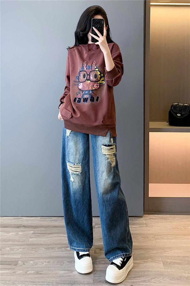女春新款时尚减龄套装修宽松连帽刺绣卡通上衣破洞牛仔长裤两件套,女装套装/套裙,2C310
