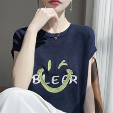 夏季莱赛尔天丝棉针织短袖女圆领T恤宽松笑脸刺绣桑蚕丝半袖上衣，女装T恤，凯思米羊绒