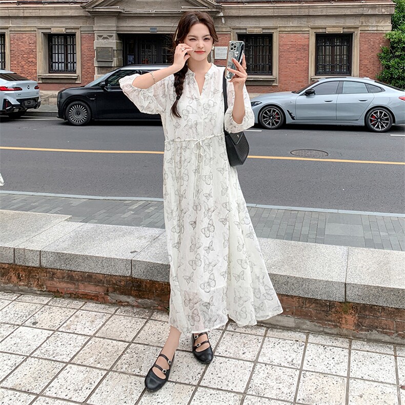 法式V领碎花连衣裙女2025春夏新款高腰显瘦惊艳绝美茶歇裙长裙子,女装连衣裙,天使之佳话