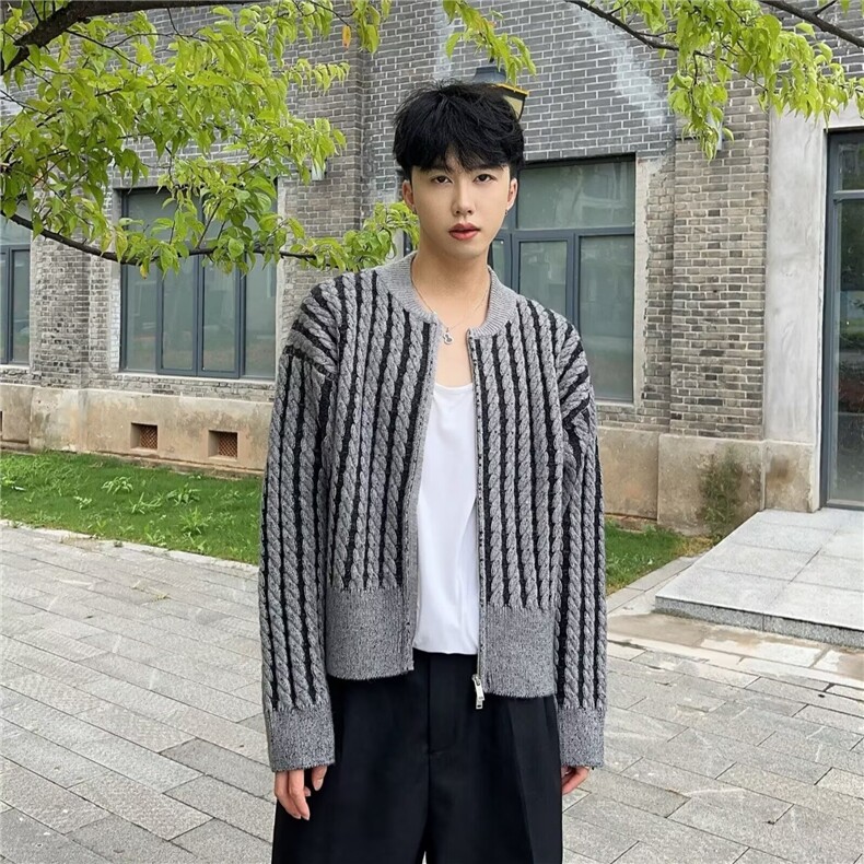 2025秋冬新款开衫毛衣美式复古休闲慵懒风V领针织衫男纯色外套,男装针织衫/毛衣,四季星座505