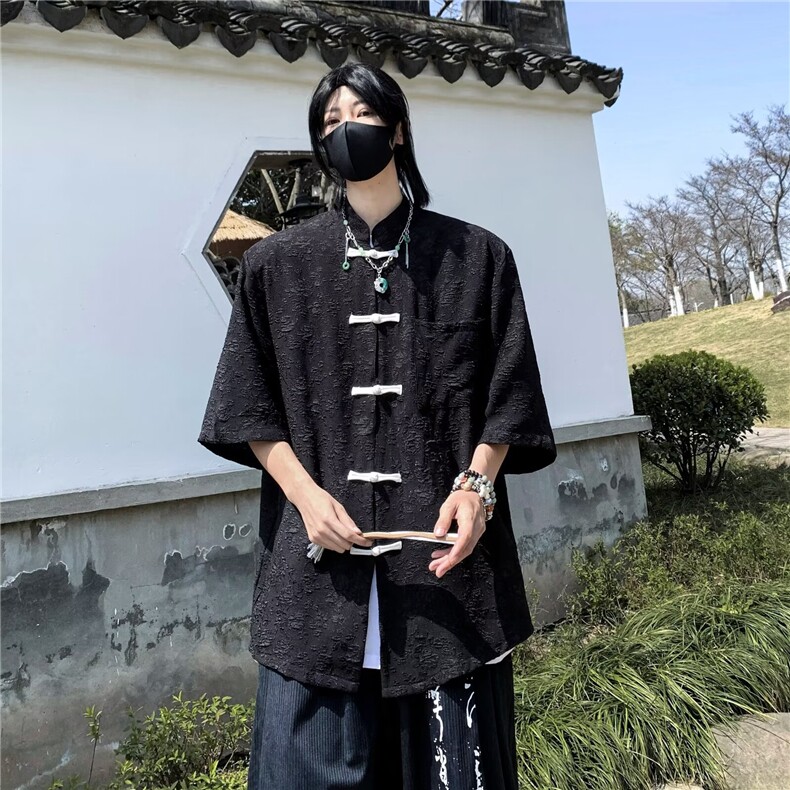 风夏男短袖衬衫提花唐装盘扣七分袖短衬衣CS1279P43,男装衬衫,星座1013-1