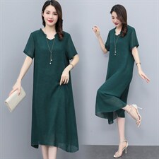 加肥加大码雪纺连衣裙女2025夏新款胖MM遮肚宽松显瘦中年妈妈裙子，女装连衣裙，深妍伊美