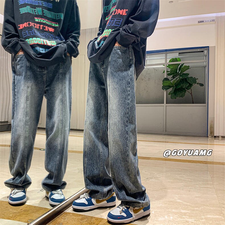 水洗牛仔裤男秋季美式复古潮牌阔腿男款长裤宽松垂感渐变裤子K39,男装牛仔裤,星座310B-1