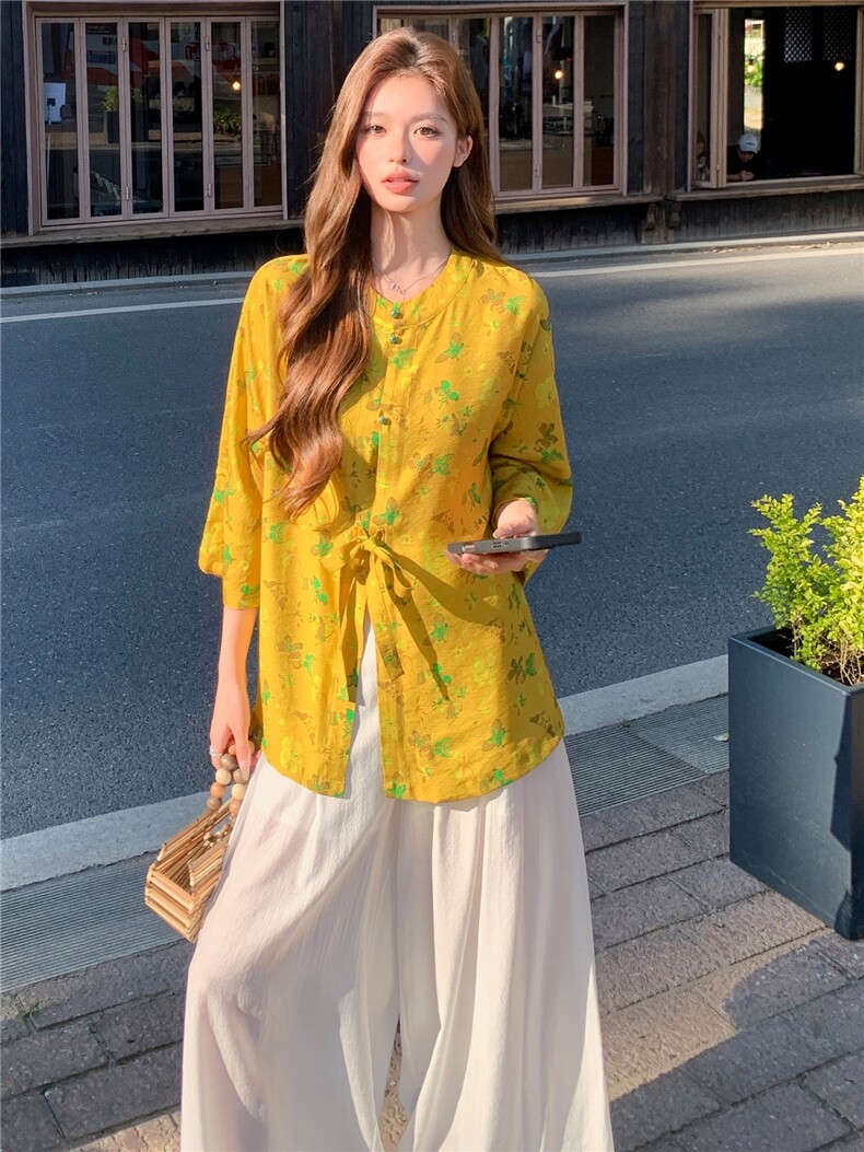 新中式印花宽松喇叭袖时尚气质小衫,女装衬衫,水衣源