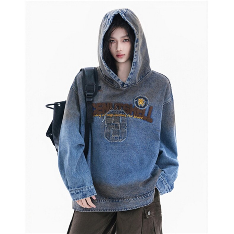 美式水洗做旧脏染植绒字母牛仔卫衣女宽松情侣设计上衣J1098,男装卫衣,星座1116A（原606A-3）
