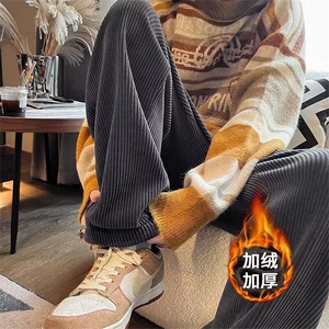 wassup happy重磅运动卫裤男春秋夏季潮牌美式灯芯绒阔腿休闲裤子图片