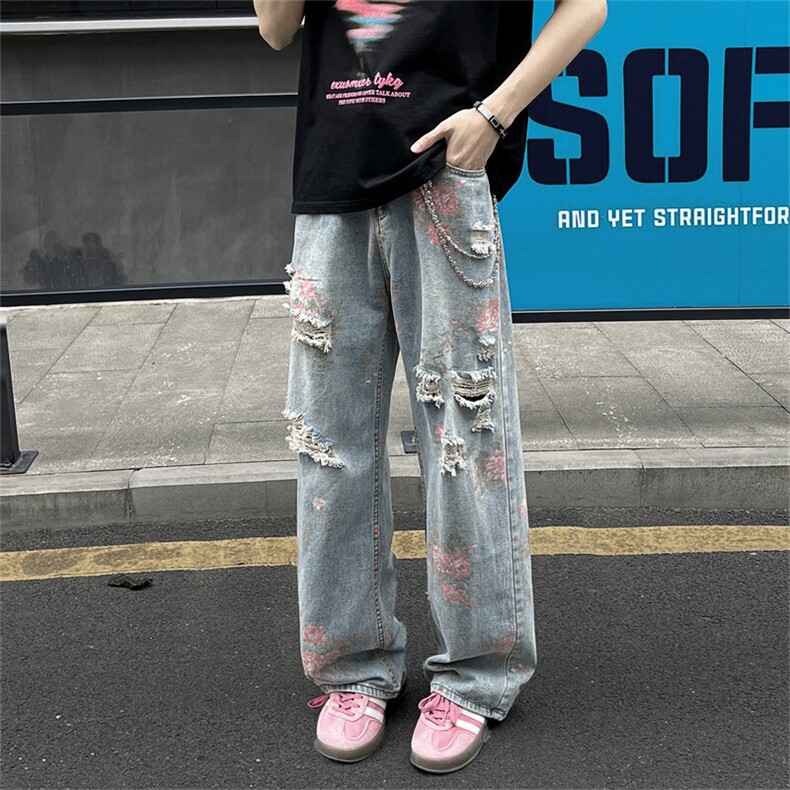 牡丹提花牛仔裤男小众设计感水洗蓝裤子休闲直筒微喇裤N04126-P50图片