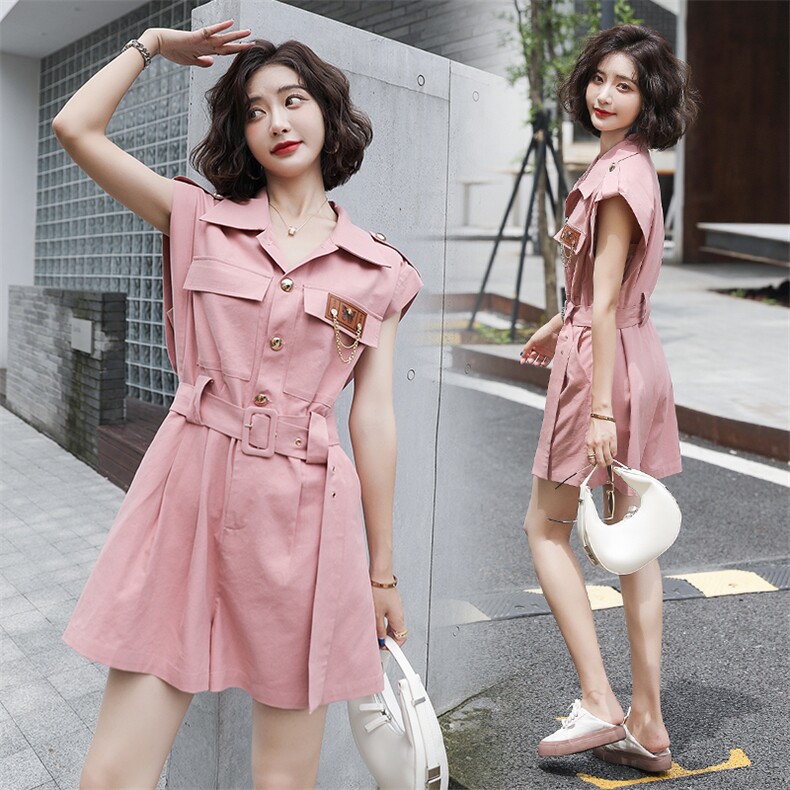 2021夏季新款潮流时尚气质减龄翻领腰带收腰显瘦修身连体裤，女装休闲裤，韩蜜菓