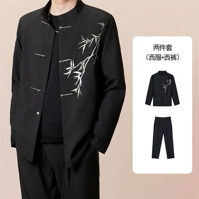 dk制服中山装男套装春夏宽松痞帅竹叶刺绣垫肩新中式立领风外套,男装西服套装,星座601-1