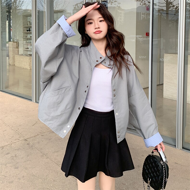立领休闲短外套女小个子2025春季新款韩系设计感宽松百搭夹克上衣,女装短外套,辉之琳