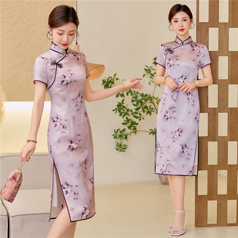 杭州品质真丝长裙复古印花连衣裙女春夏日常修身潮流真丝旗袍，女装汉服/婚纱/旗袍/礼服，小荷流