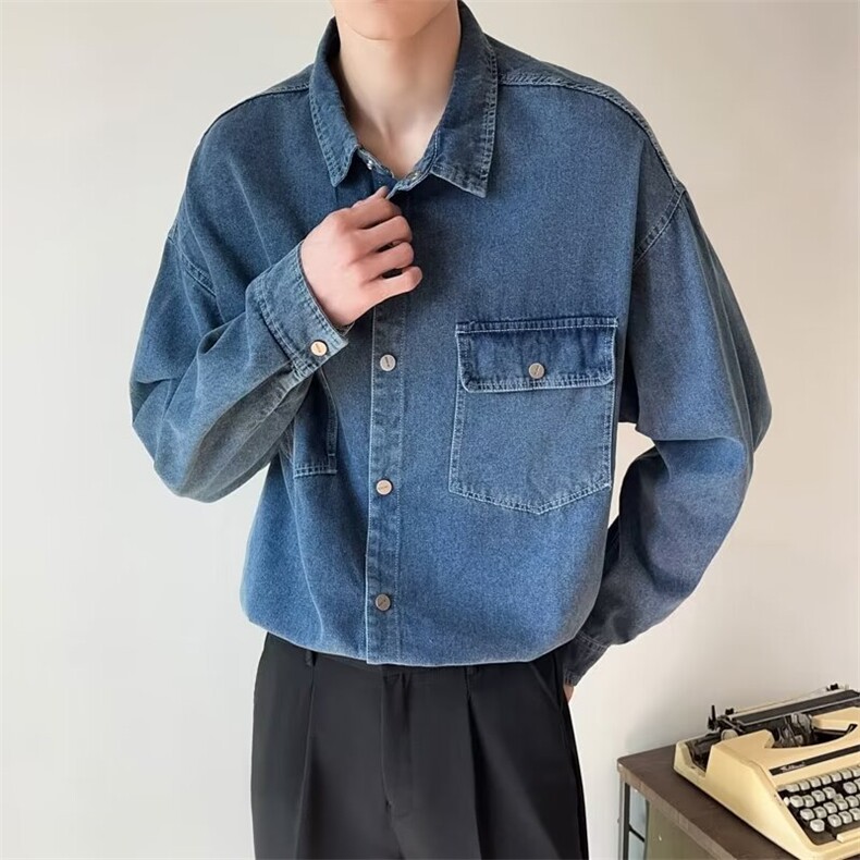 牛仔衬衫春秋内搭长袖上衣百搭休闲外套小个子叠穿衬衣打底衫潮,男装T恤,星座516A