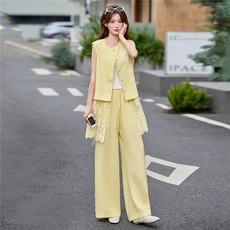 老钱风无袖蕾丝刺绣马甲阔腿裤两件套女2026夏季新款松弛感套装,女装套装/套裙,伊仟回