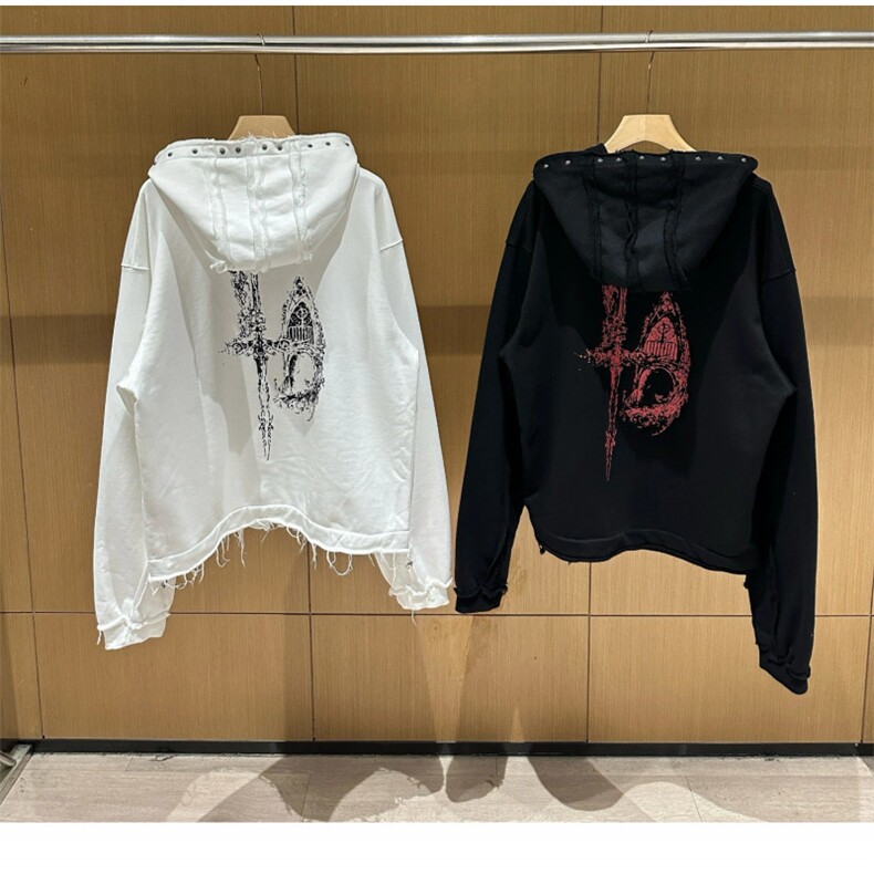 美式重磅龙骨恶魔印花铆钉做旧宽松长袖拉链连帽衫卫衣外套,女装短外套,星座410-6（原星座1304-1）