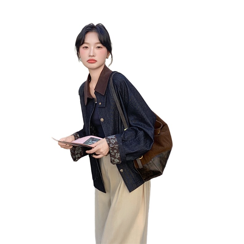 深蓝色复古撞色翻领牛仔短外套女2025秋季小个子气质休闲夹克上衣,女装短外套,2C092