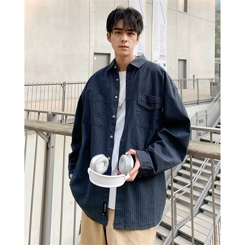简约竖条纹长袖衬衫男春季百搭 S385 P38图片