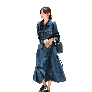 蓝色简单大方的连衣裙女2025春季新款高级感气质收腰显瘦衬衫裙子图片