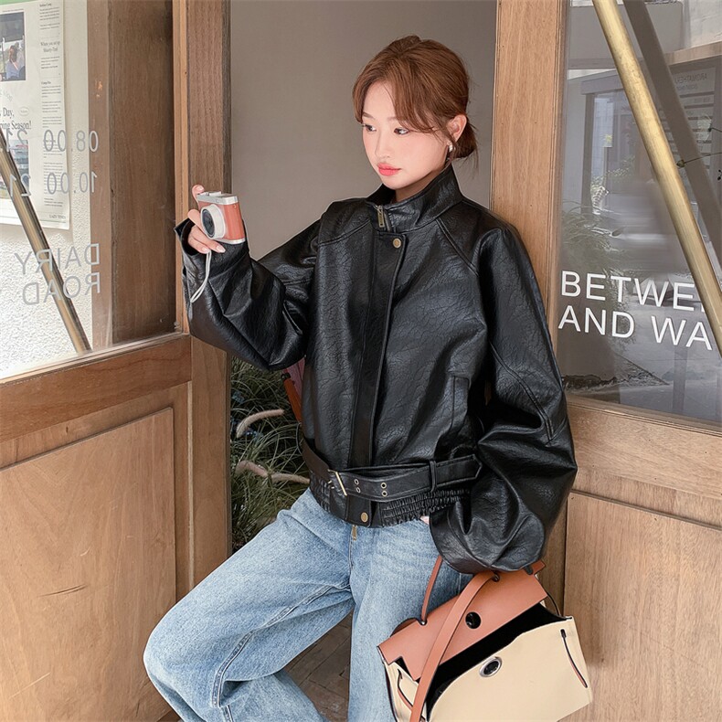 黑色机车风立领PU皮衣外套女2025秋季新款美式复古时髦显瘦夹克潮,女装短外套,2C095