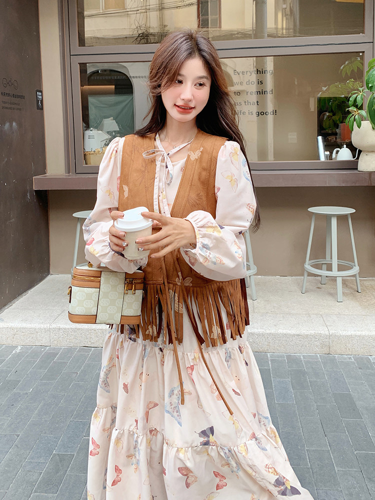 美拉德穿搭印花马甲外套配碎花连衣裙女2025春秋独特好看长裙套装,女装套装/套裙,帛锦泉