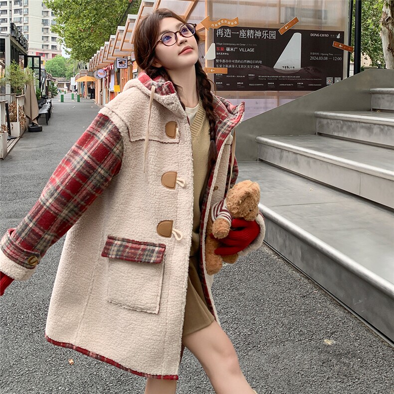 英格兰格子袖仿仿羊羔毛外套显瘦保暖中长款,女装毛呢外套,天使之佳话