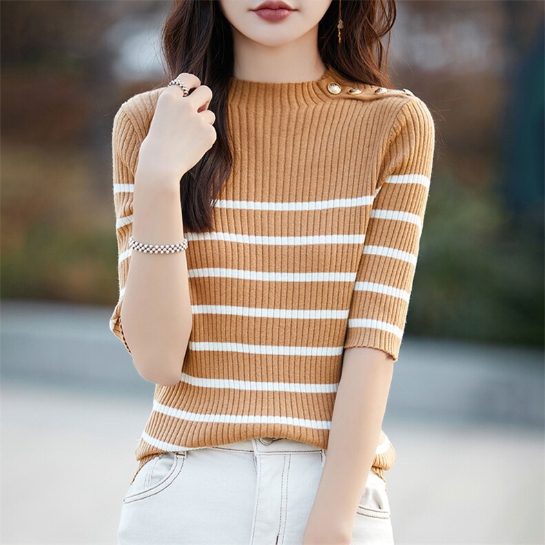 修身短袖针织衫女t恤夏季羊绒撞色条纹冰丝休闲显瘦百搭圆领打底,女装T恤,暖烁特种纱工厂店