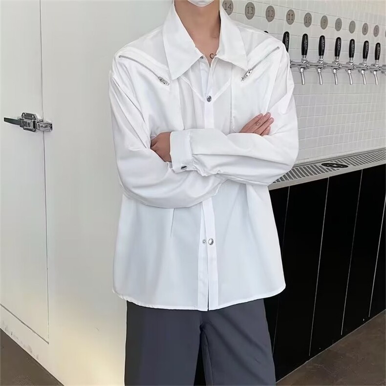 2024夏秋拉链衬衫男女纯色休闲流行设计感垂感宽松白衬衣C658/P48,男装衬衫,星座506