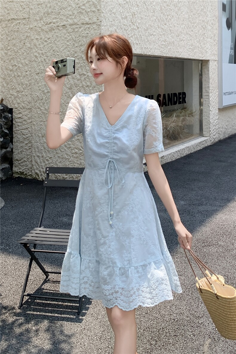 现货-2025年夏季新款法式气质百搭V领刺绣连衣裙女,女装连衣裙,1D102-1