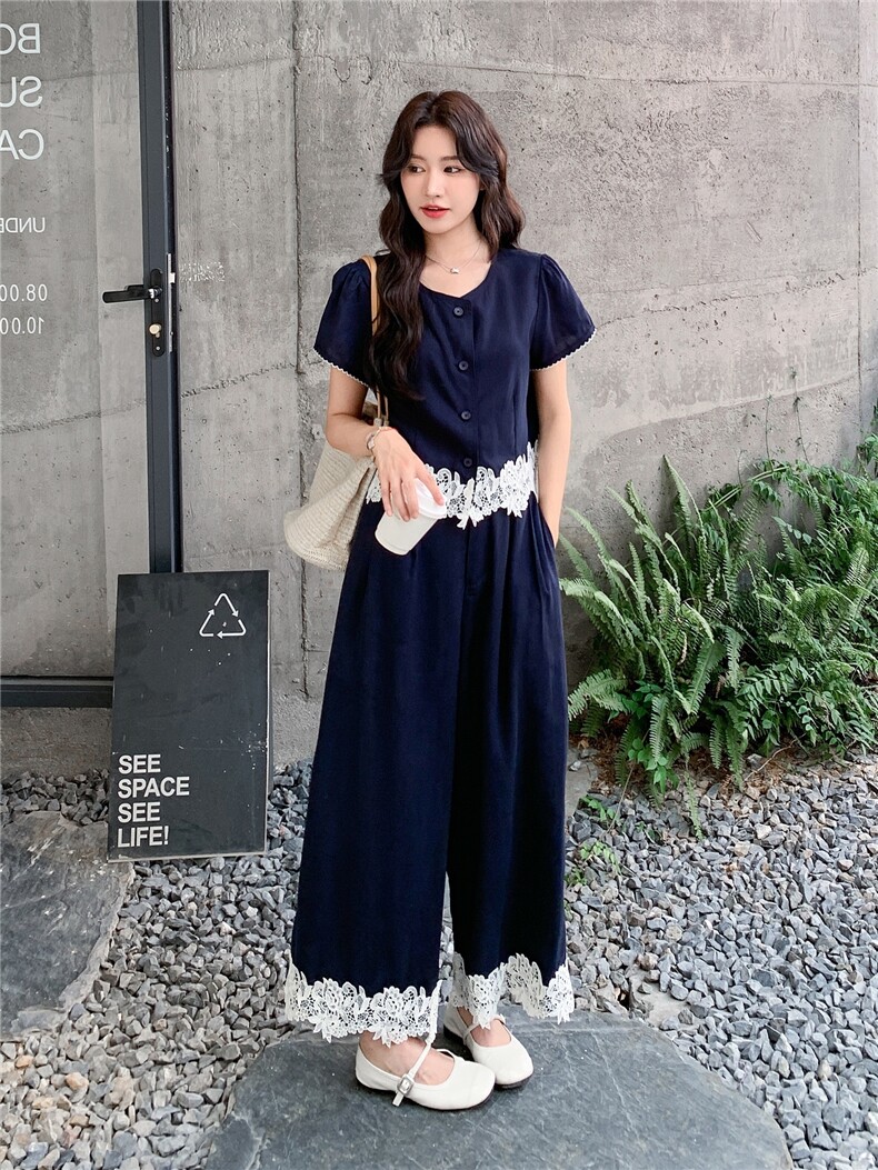 蕾丝拼接套装女夏韩里韩气漂亮设计上衣阔腿裤两件套，女装套装/套裙，浙宝290（原306）