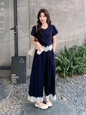 蕾丝拼接套装女夏韩里韩气漂亮设计上衣阔腿裤两件套，女装套装/套裙，浙宝290（原306）