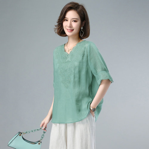 2022夏季时尚简约大方气质优雅纯色收腰气质休闲修身显瘦性感领口，女装T恤，独衣靓