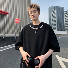 港风大码宽松百搭字母刺绣圆领短袖T恤男潮流XZ213-T068-P35控48，男装T恤，星座213