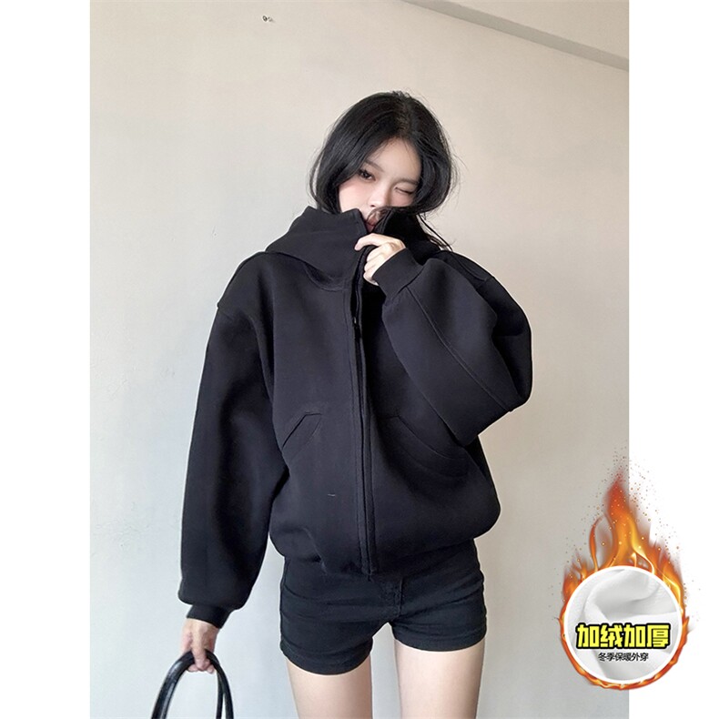 480G重磅加绒硬挺boxy男女秋冬美式高街防风高领卫衣开衫厚外套，女装短外套，电商A486-1