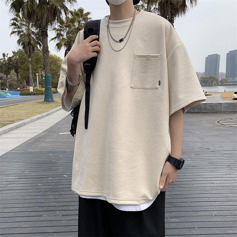 黑色短袖2024新款男夏季薄款透气5分体恤重磅口袋宽松休闲t恤,男装T恤,星座1013