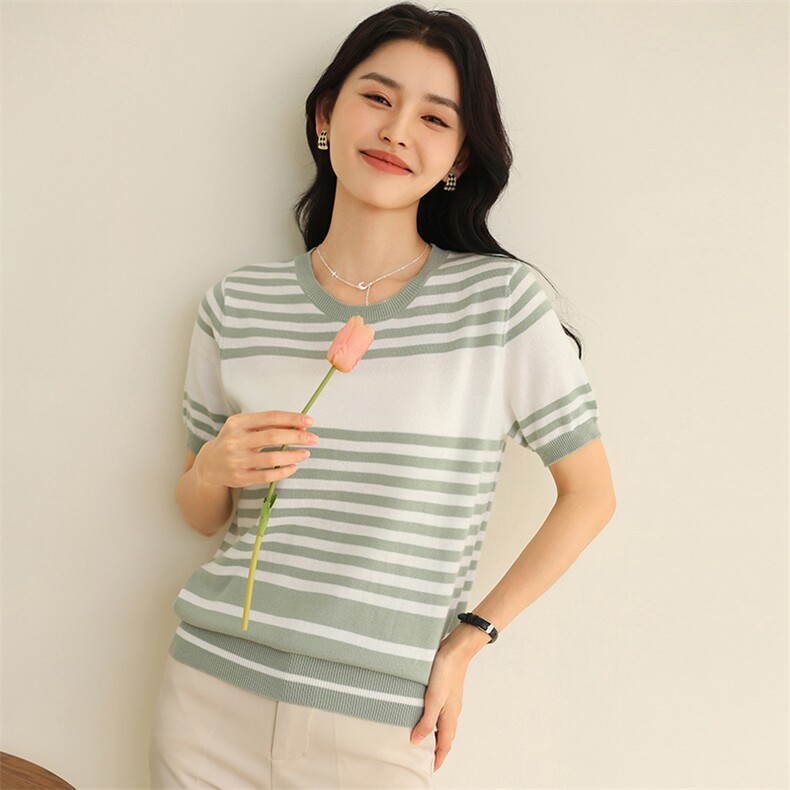 圆领条纹纯棉短袖针织衫女夏季韩版时尚休闲显瘦减龄T恤百搭上衣,女装T恤,伊绒腾羊绒