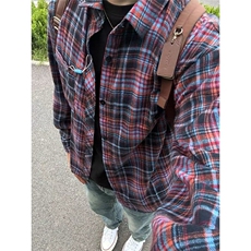 CP1223-P38日系复古格子宽松休闲单排扣口袋长袖格纹衬衫，男装衬衫，电商B323A