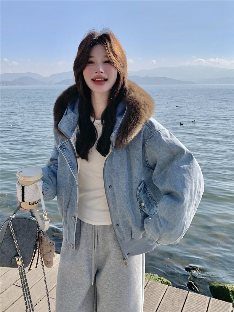 美式复古宽松加绒保暖羽绒内胆连帽牛仔外套女可拆卸毛领宽松夹克,女装羽绒服,艾米莉亚