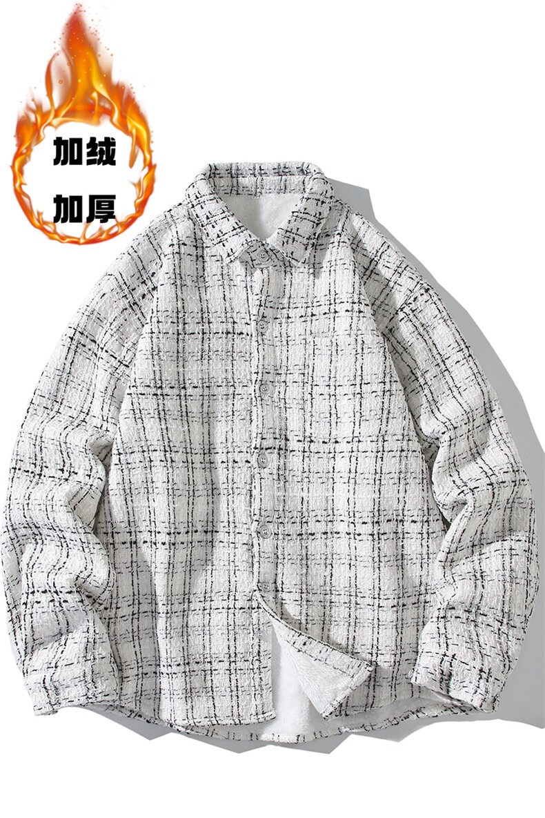 小香风衬衫男长袖宽松格子衬衣休闲外套羊羔绒加绒加厚/8812TP55,男装衬衫,电商A012