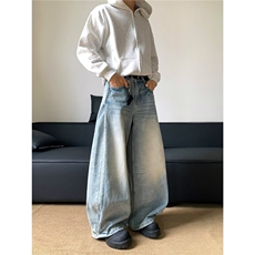 大码美式复古水洗折痕牛仔裤男2025新款显瘦宽松垂感拖地阔腿裤子，男装牛仔裤，星座715-4