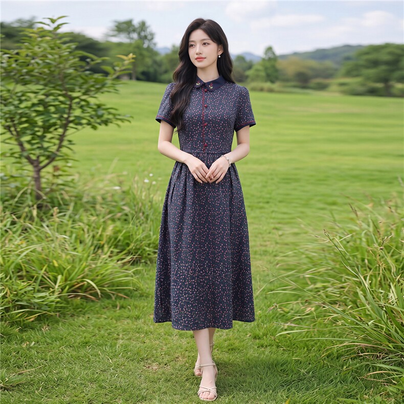 田园风斜领碎花刺绣连衣裙女春夏收腰显瘦中长裙,女装连衣裙,水衣源