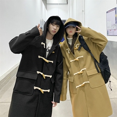 24新款加绒加厚长款牛角扣连帽毛呢大衣504-F16-P120控158，男装毛呢大衣，星座504