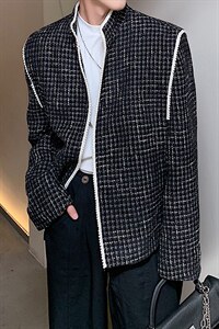立领小香风珍珠设计感千鸟格宽松西服X13/P70降图片