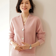 真贝壳扣~轻奢风山羊绒针织开衫女V领长袖毛衣宽松轻奢羊毛衫外套，女装羊绒衫，绒创羊绒