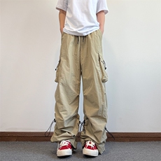 褶皱拼接降落伞兵裤男生春秋季多口袋机能风潮牌宽松直筒阔腿长裤，男装工装外套，星座1008-1