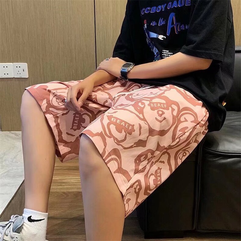 小熊满印男生短裤夏季潮嘻哈五分裤休闲弹力冰丝垂感裤子KT065P16,男装休闲裤,星座1116-2