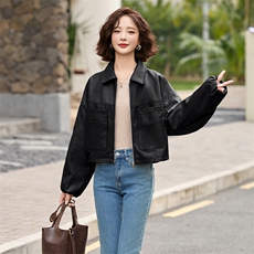 气质翻领短款外套上衣百搭气质开衫复古夹克上衣女，女装皮衣，美拉德工厂直营店